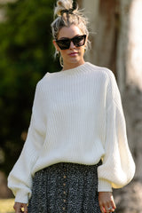 Cream Mock Neck Puff Sleeve Sweater