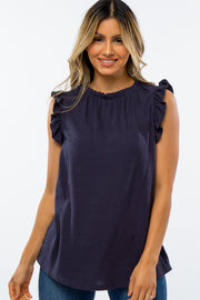 Navy Sleeveless Ruffle Accent Top