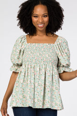 Mint Floral Smocked Puff Sleeve Maternity Blouse