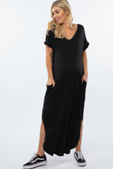 Black Animal Print Trim Caged Back Maternity Maxi Dress