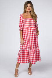 Red Gingham Puff Sleeve Maternity Dress