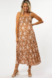 Camel Floral Square Neck Smocked Maternity Midi Dress