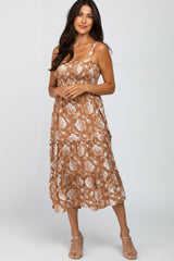 Camel Floral Square Neck Smocked Maternity Midi Dress