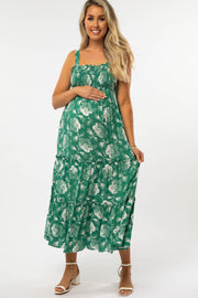 Green Floral Square Neck Smocked Maternity Midi Dress