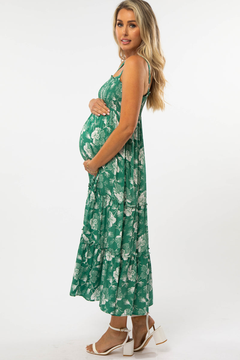 Green Floral Square Neck Smocked Maternity Midi Dress – PinkBlush