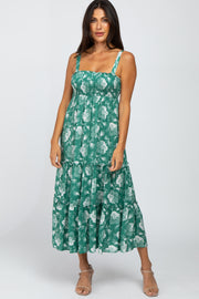 Green Floral Square Neck Smocked Midi Dress