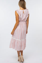 Pink Floral Striped Ruffle Front Midi Dress