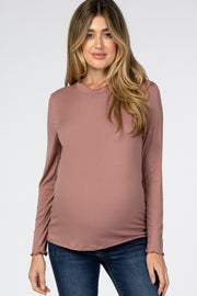 Mauve Ribbed Lettuce Trim Mock Neck Maternity Top