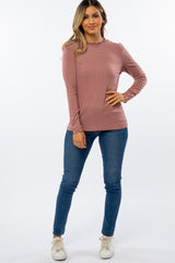 Mauve Ribbed Lettuce Trim Mock Neck Top