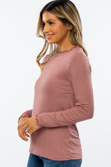 Mauve Ribbed Lettuce Trim Mock Neck Top