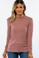 Mauve Ribbed Lettuce Trim Mock Neck Top