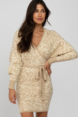 Beige Leopard Print Knit Tie Back Dress