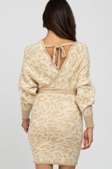 Beige Leopard Print Knit Tie Back Dress