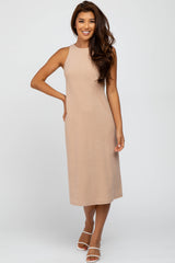 Beige Ribbed Open Back Midi Dress