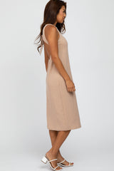 Beige Ribbed Open Back Midi Dress