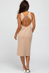 Beige Ribbed Open Back Midi Dress