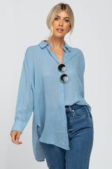 Blue Lightweight Sheer Button Down Blouse