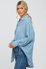 Blue Lightweight Sheer Button Down Blouse