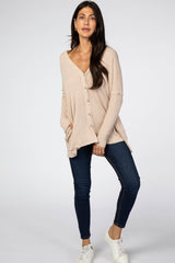 Beige Waffle Knit Button Front Cardigan