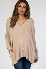 Beige Waffle Knit Button Front Maternity Cardigan