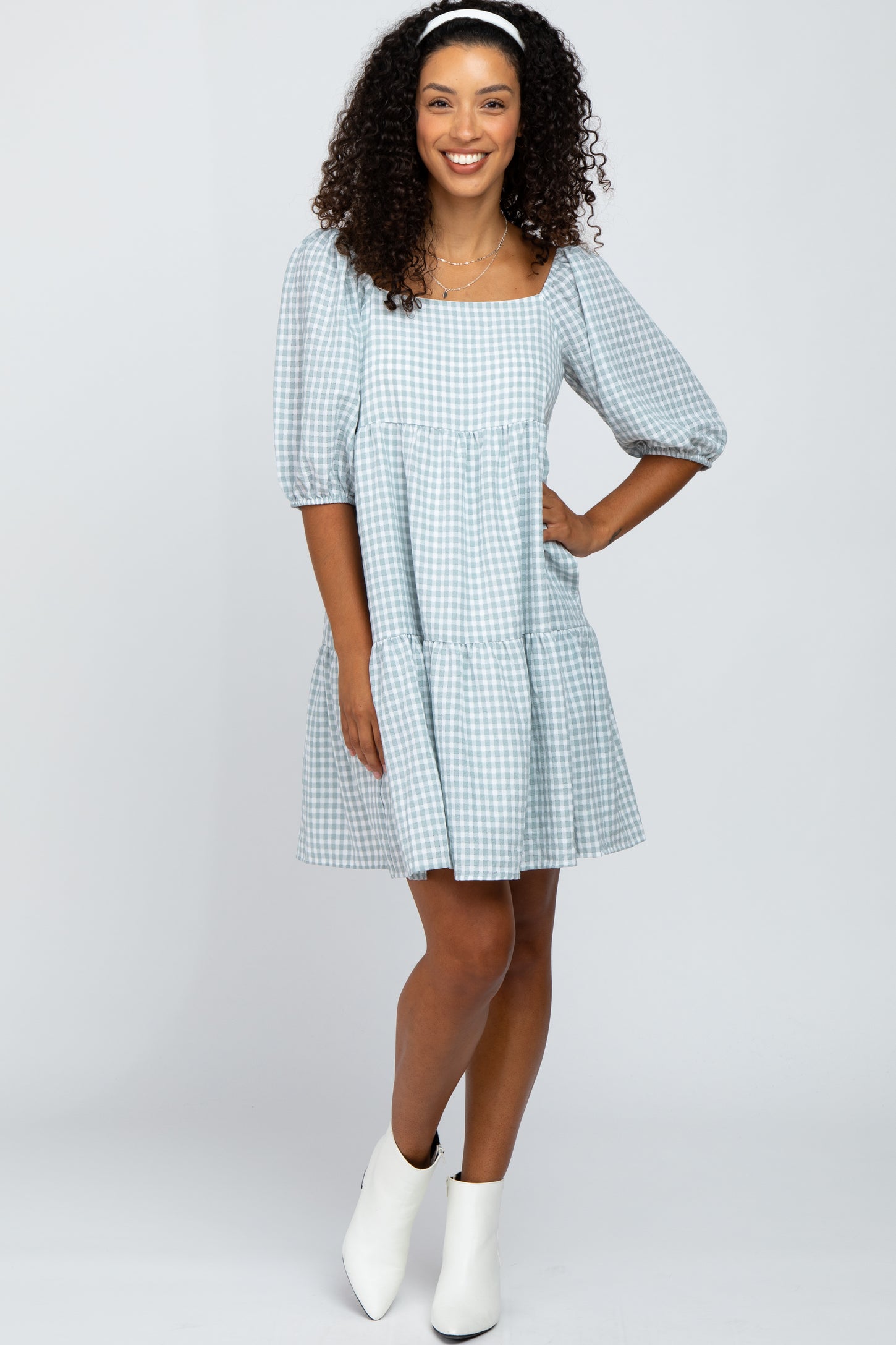 Mint Green Square Neck Checkered Pleated Tier Maternity Dress– PinkBlush