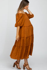 Camel Plaid Tiered Maternity Midi Dress