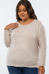 Beige Striped Dolman Long Sleeve Plus Top