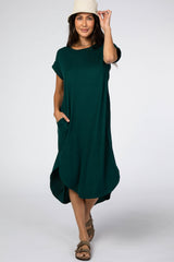 Forest Green Ribbed Curved Hem Midi Dress