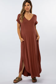 Dark Rust Side Slit Maternity Maxi Dress