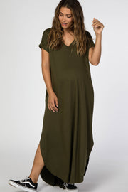 Dark Olive Side Slit Maternity Maxi Dress