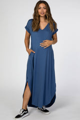 Blue Side Slit Maternity Maxi Dress