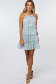 Light Blue Floral Tiered Ruffle Accent Dress