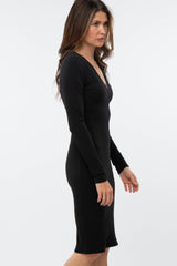 Black Ribbed Fitted Long Sleeve Dress