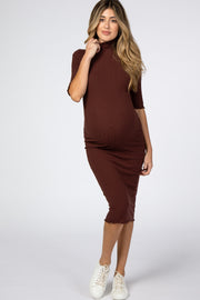 Brown Half Sleeve Turtle Neck Maternity Midi Dress