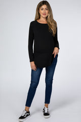 Black Hi-Low Rounded Raw Edge Hem Maternity Top