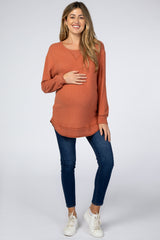 Rust Brushed Knit Rib Contrast Maternity Top