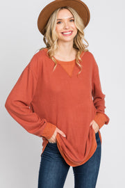 Rust Brushed Knit Rib Contrast Top