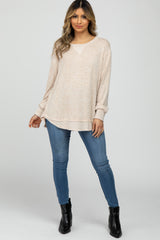 Beige Brushed Knit Rib Contrast Top