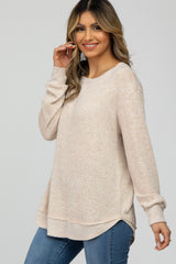 Beige Brushed Knit Rib Contrast Top