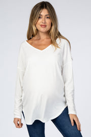 White Textured Long Sleeve Drop Shoulder V-Neck Maternity Top