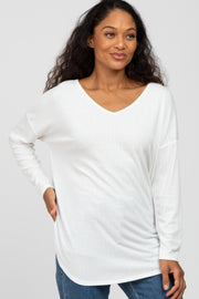 White Textured Long Sleeve Drop Shoulder V-Neck Top