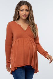 Dark Orange Knit Split Neckline Long Sleeve Maternity Top