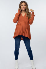 Dark Orange Knit Split Neckline Long Sleeve Maternity Top