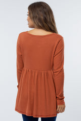 Dark Orange Knit Split Neckline Long Sleeve Maternity Top