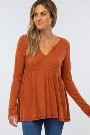 Dark Orange Knit Split Neckline Long Sleeve Top