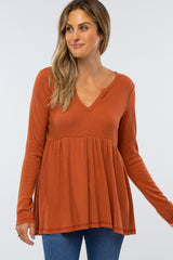 Dark Orange Knit Split Neckline Long Sleeve Maternity Top