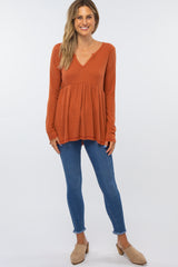 Dark Orange Knit Split Neckline Long Sleeve Top