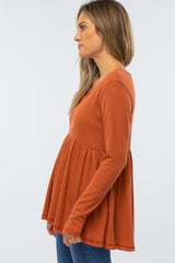 Dark Orange Knit Split Neckline Long Sleeve Top