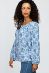 Blue Printed Off Shoulder Long Sleeve Blouse