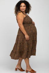 Brown Leopard Shoulder Tie Smocked Maternity Plus Midi Dress